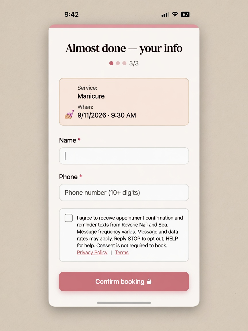 Screenshot of Reverie online booking contact step showing name, phone, and unchecked SMS consent checkbox